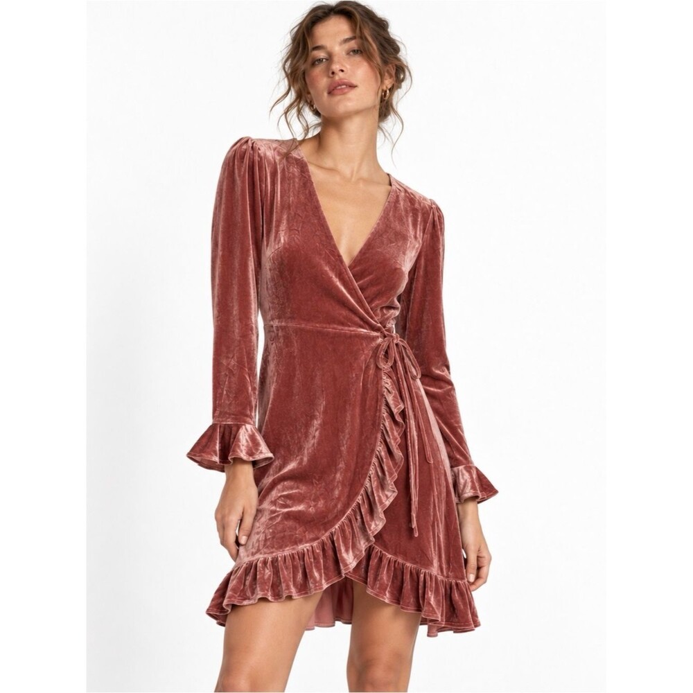 IVIVI Velvet Wrap Mini Dress Women S Dusty Rose Pink Ruffle Long Sleeve NWT - Picture 1 of 10